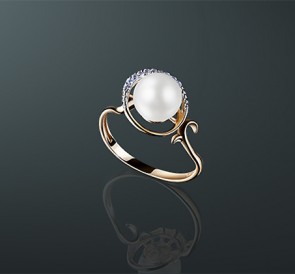 Золотое кольцо с жемчугом сапфиры к-1841: белый пресноводный жемчуг, золото 585°